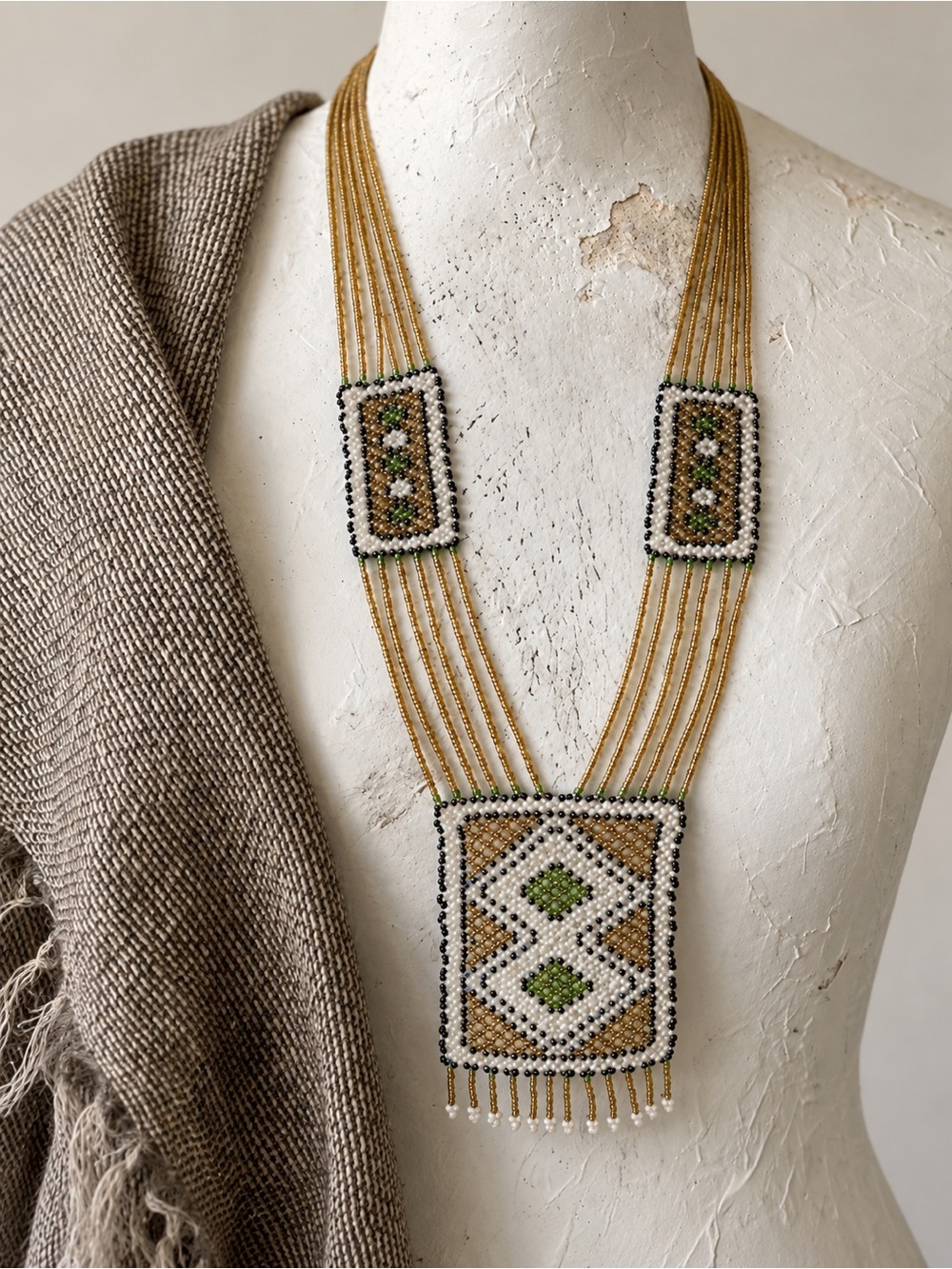 Vintage Hand Beaded Multi-Strand Seed Bead  Necklace with Geometric Beaded Bib